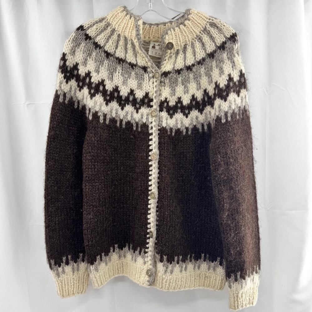 Vintage Alafoss Icewool Cardigan Fair Isle Hand Knit Wool Brown Thick